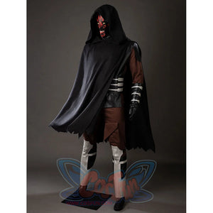 Darth Maul cosplay costume angled view lets the black hooded cloak sweep over the brown pants.