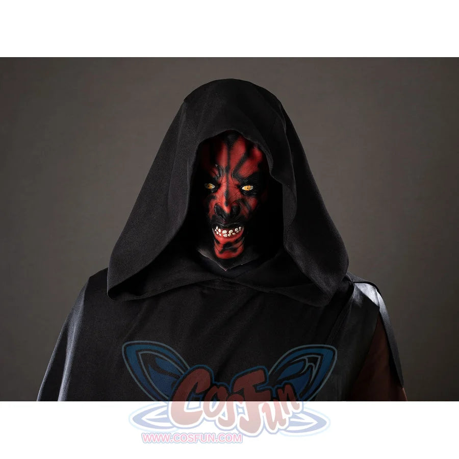 Darth Maul cosplay latex headpiece close-up sits beneath a black hood with red face markings and horns.