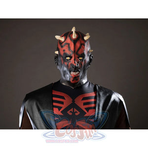 Darth Maul cosplay latex headpiece detail frames red face markings above black shoulder armor.