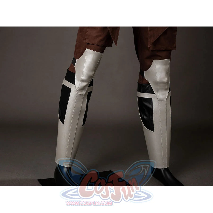 Darth Maul cosplay leg guards front view pairs white shin armor with black knee panels.