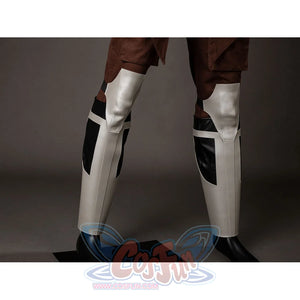 Darth Maul cosplay leg guards front view pairs white shin armor with black knee panels.