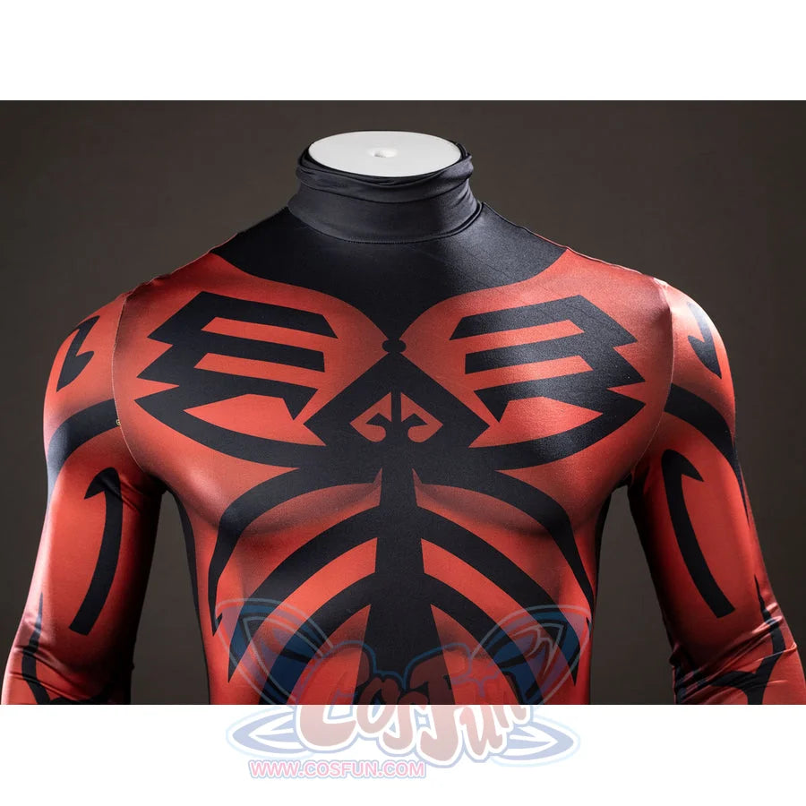 Darth Maul cosplay bodysuit chest detail centers red-and-black markings below the neckline.