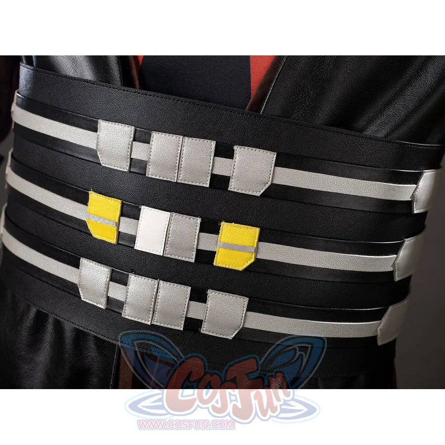 Darth Maul cosplay waist sash close-up stacks silver blocks over black straps and glossy vest fabric.