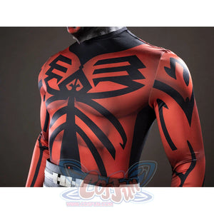 Darth Maul cosplay bodysuit torso detail angles red-and-black markings across the chest.