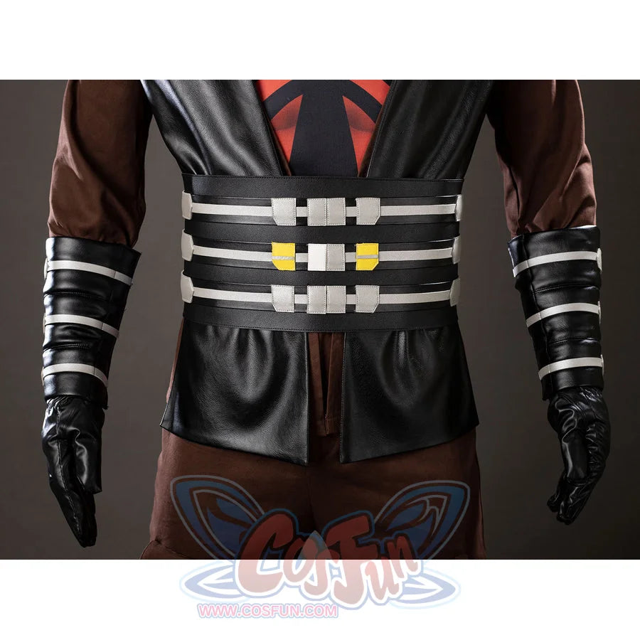 Darth Maul cosplay waist sash detail anchors silver bands between black gloves and brown pants.