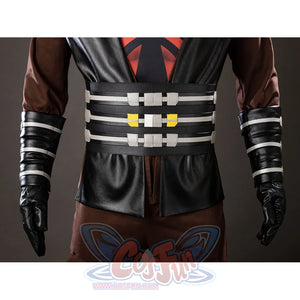 Darth Maul cosplay waist sash detail anchors silver bands between black gloves and brown pants.