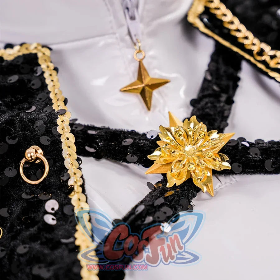 dazzling performance outfit with black jacket, gold decorations