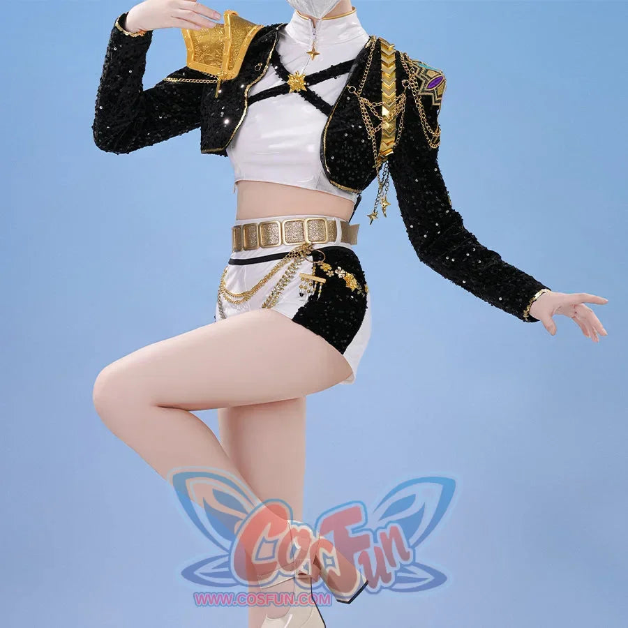 kpop demon hunters rumi cosplay costume, a glamorous stage performance outfit in black and white with gold accents; black sequin short coat with gold 3d shoulder decorations, chains, and star ornaments; white bodysuit underneath; layered gold waist chains and wide belt; white shorts with black side panels; dazzling design perfect for singers and dancers to showcase their stage presence