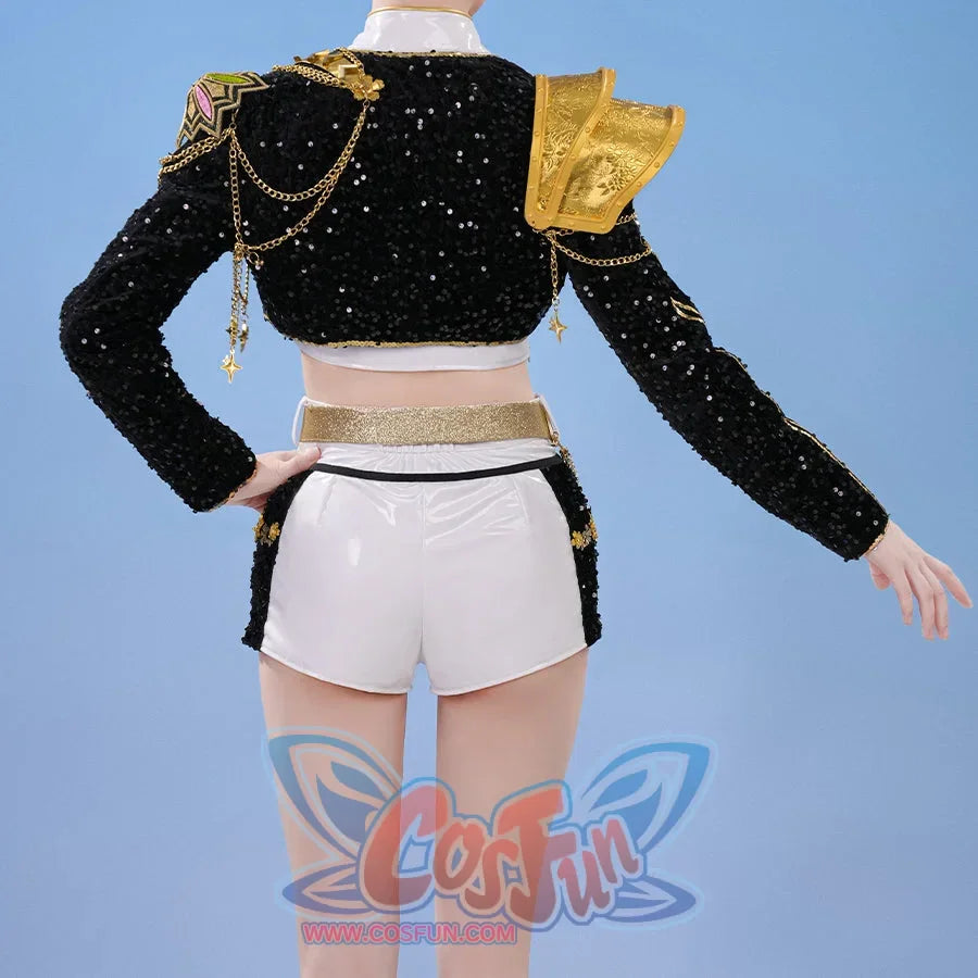 kpop demon hunters rumi cosplay costume, a glamorous stage performance outfit in black and white with gold accents; black sequin short coat with gold 3d shoulder decorations, chains, and star ornaments; white bodysuit underneath; layered gold waist chains and wide belt; white shorts with black side panels; dazzling design perfect for singers and dancers to showcase their stage presence