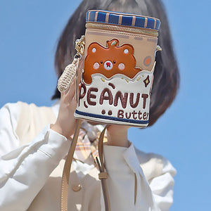 Lovely Bear Peanut Butter Embroidered Crossbody Bucket Bag