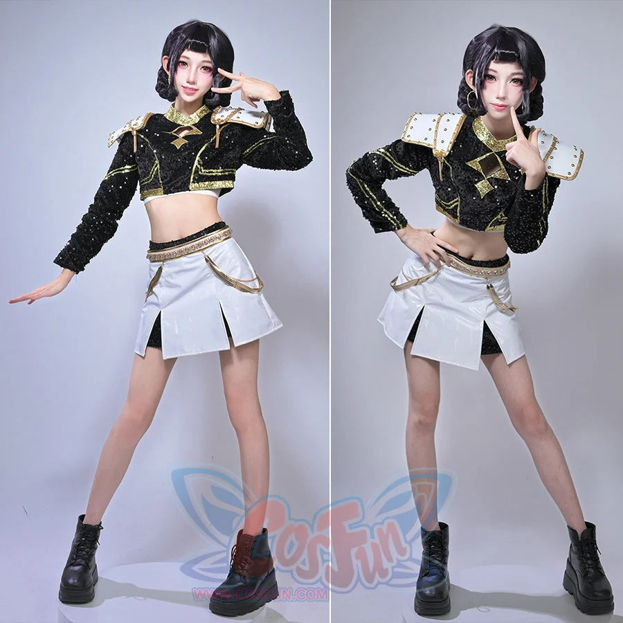 This is the front view of the Zoey cosplay costume, featuring a black sequined crop top with gold accents, shoulder pads, and a white skirt with gold chains and a decorative belt.