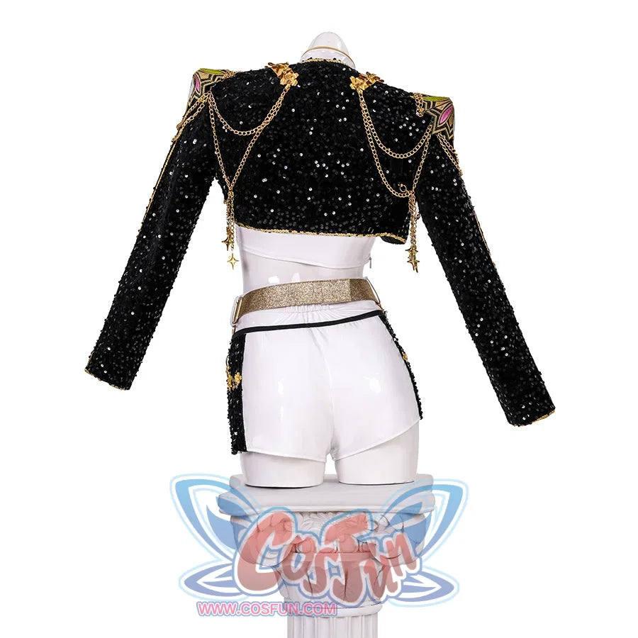 KPop Demon Hunters Rumi Cosplay Costume GOLDEN HUNTR/X black sequin short coat with gold 3d shoulders, star ornaments, and chains, paired with white shorts