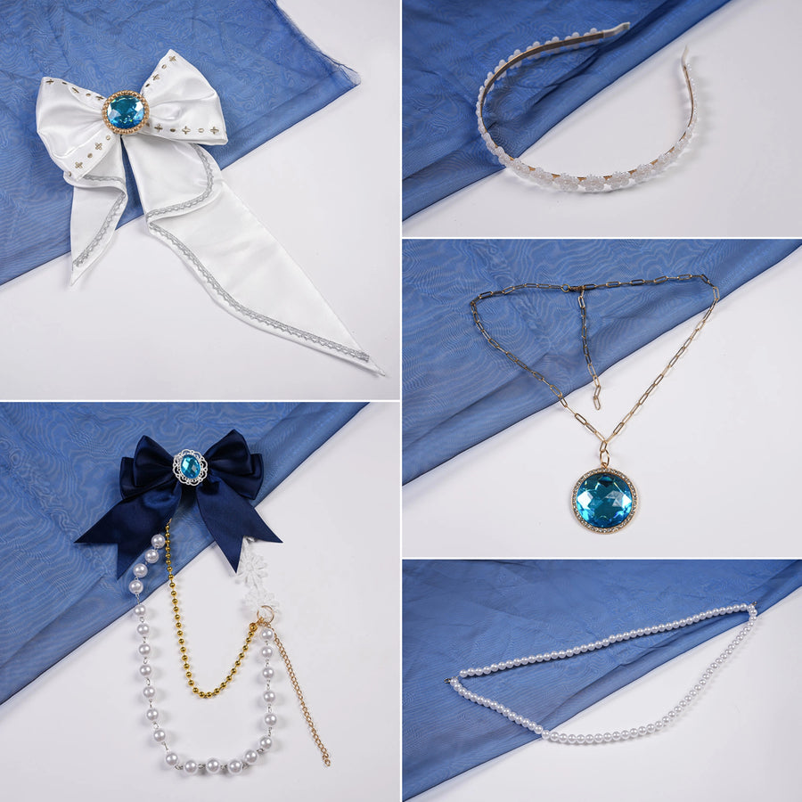 Denia cosplay costume centers white and navy bows with blue gemstone centers and pearl-like accents-like accents chains for.
