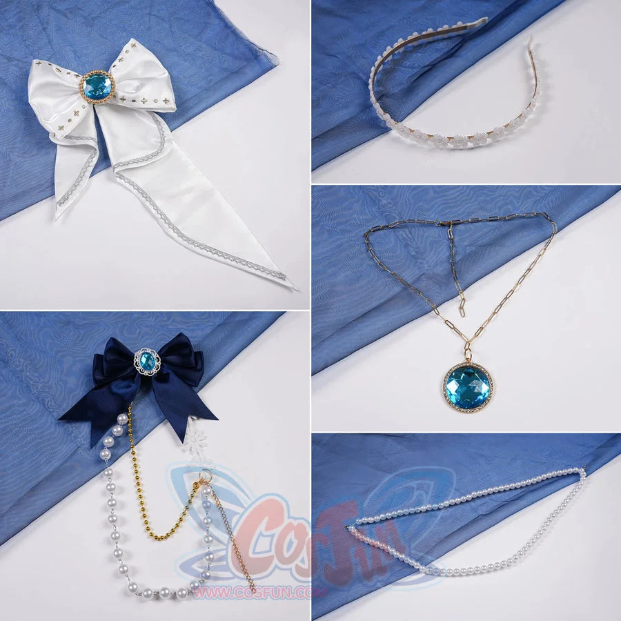 Denia cosplay costume centers white and navy bows with blue gemstone centers and pearl-like accents-like accents chains for.