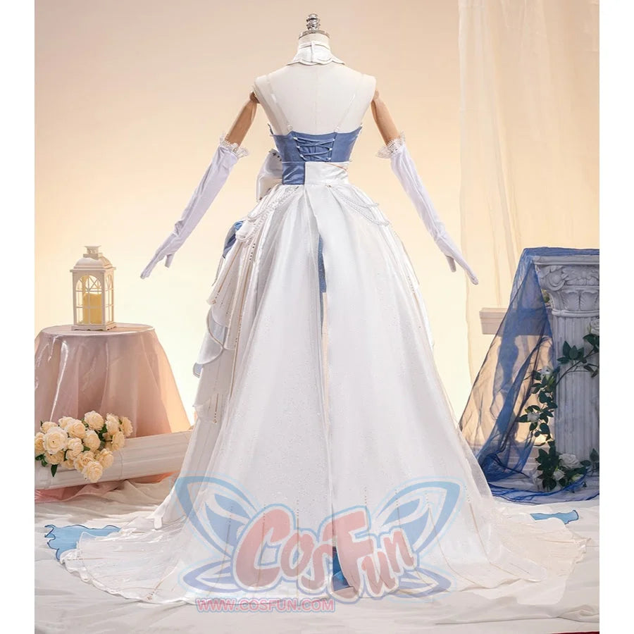 Denia cosplay costume frames the back view of a long white dress with a sweeping train and a detailed blue corset bodice.