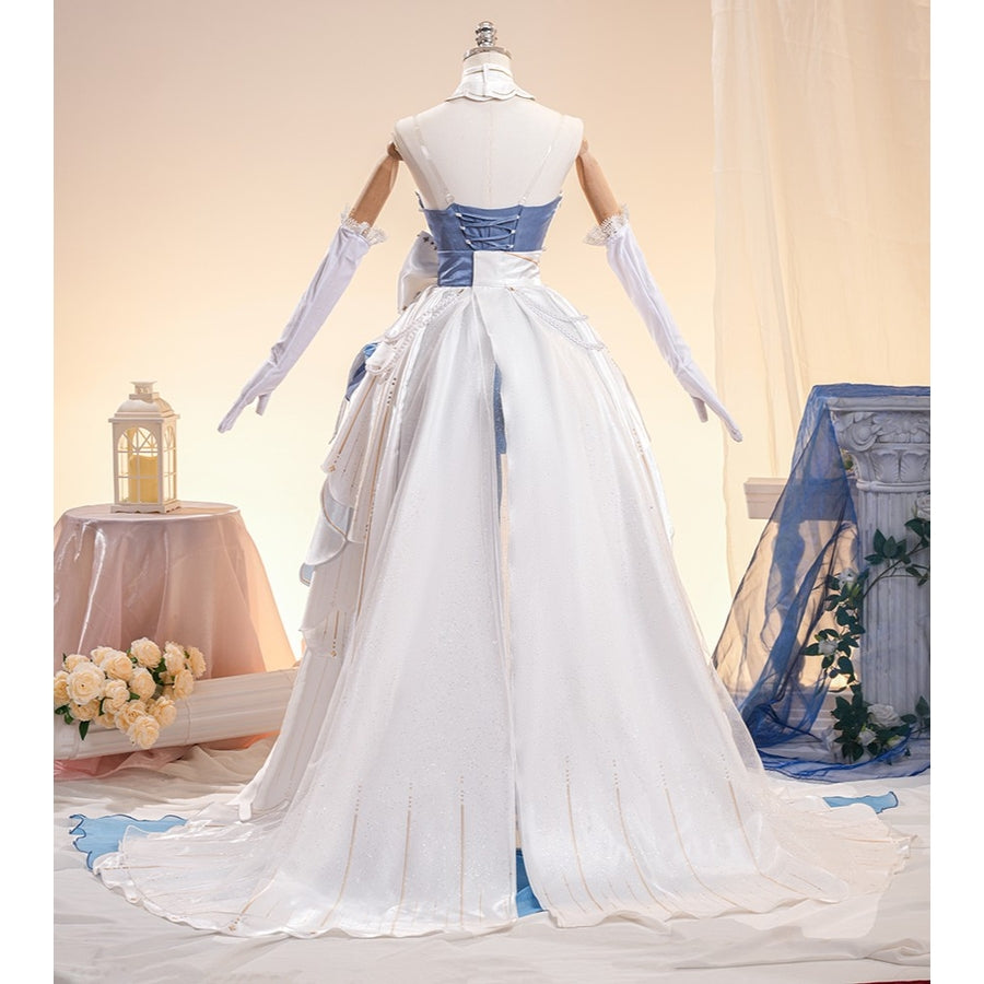 Denia cosplay costume frames the back view of a long white dress with a sweeping train and a detailed blue corset bodice.