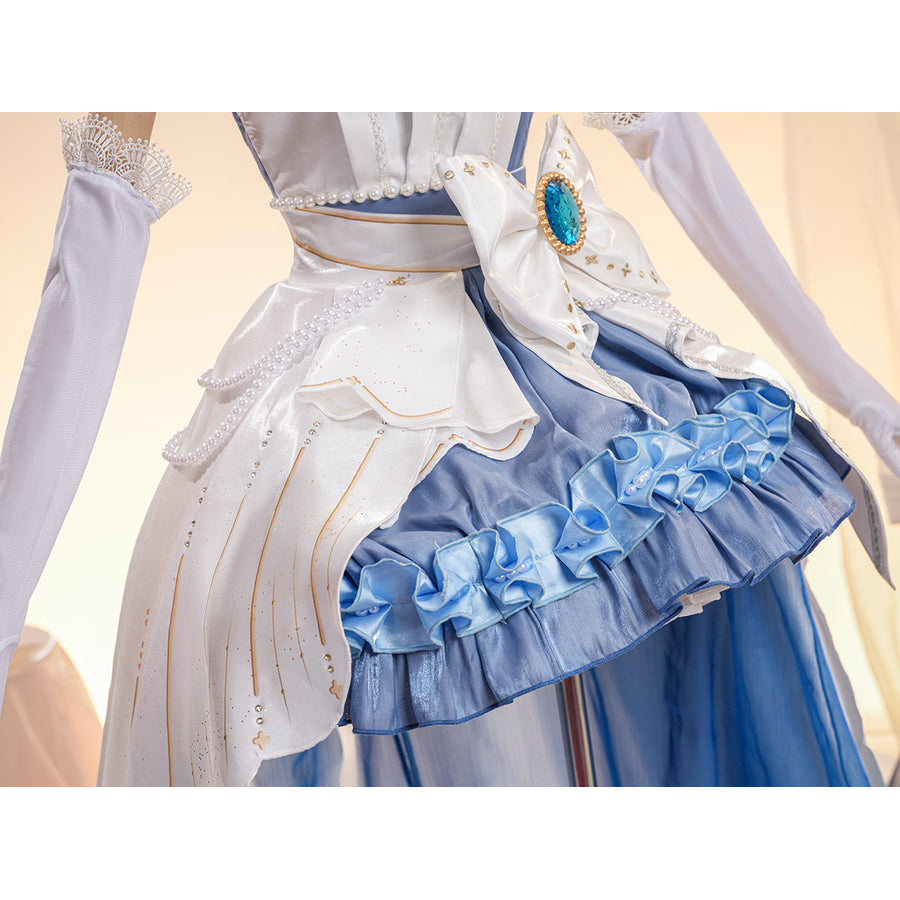 Denia cosplay costume centers dress waist bow with blue gemstone and pearl-like accents-like accents waist chains.