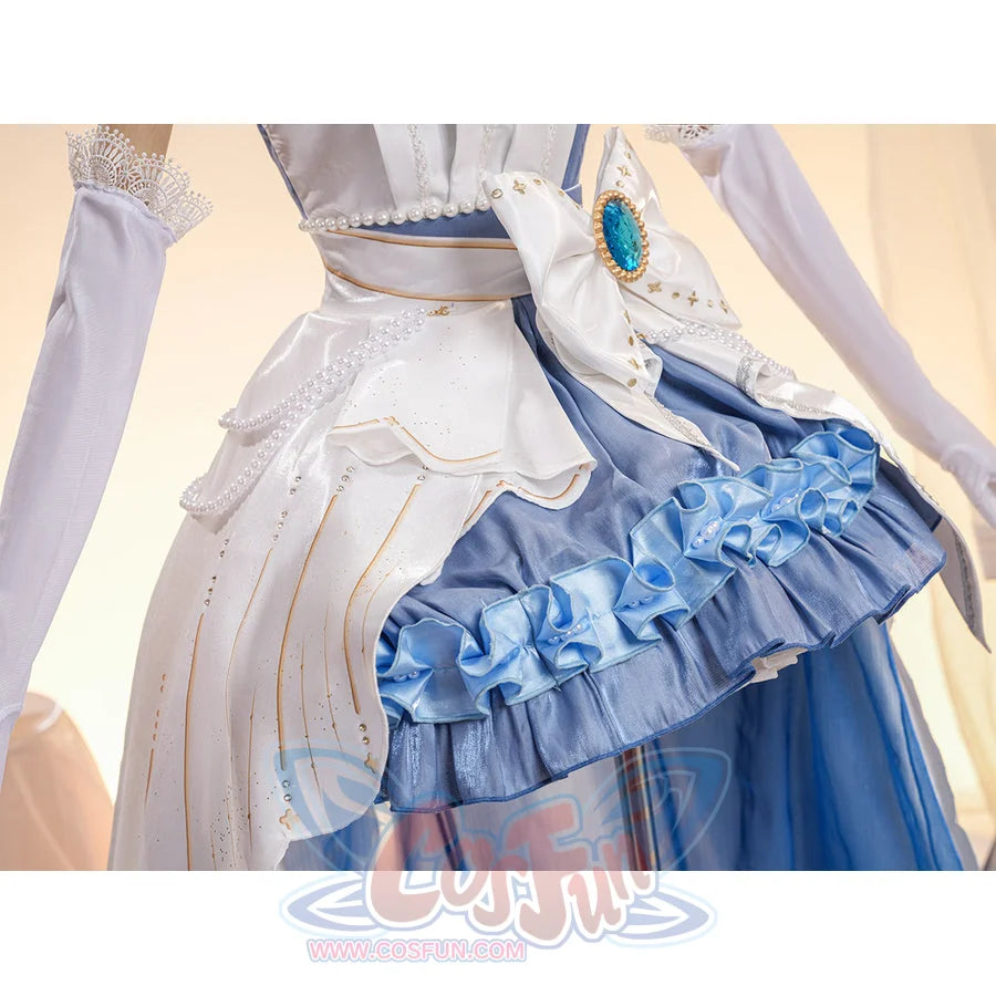 Denia cosplay costume centers dress waist bow with blue gemstone and pearl-like accents-like accents waist chains.