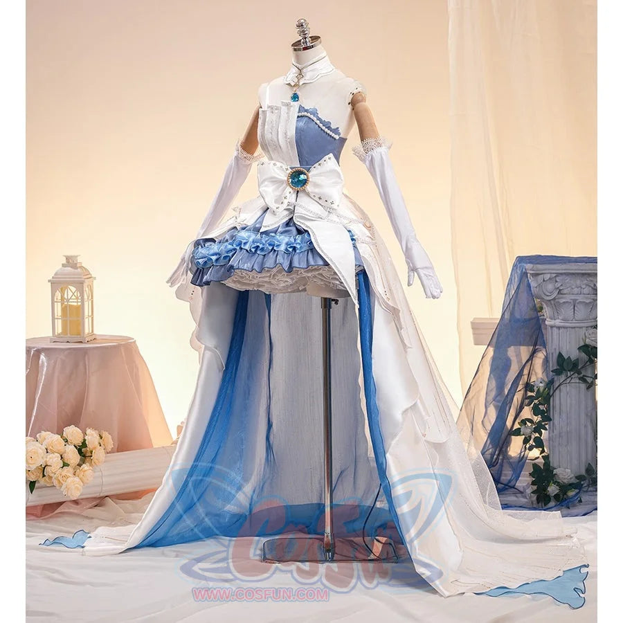 Denia cosplay costume gathers glossy satin layers and a large waist bow to form an elegant blue and white formal gown.