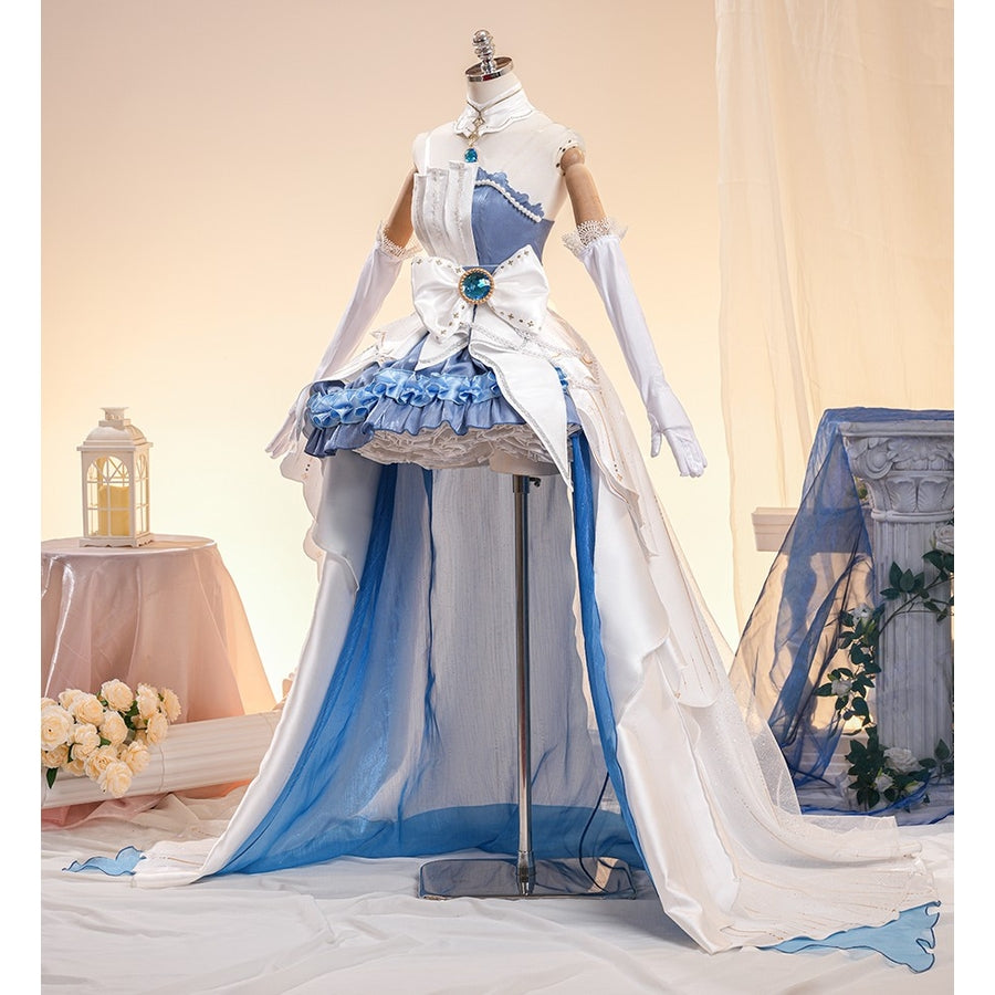 Denia cosplay costume gathers glossy satin layers and a large waist bow to form an elegant blue and white formal gown.