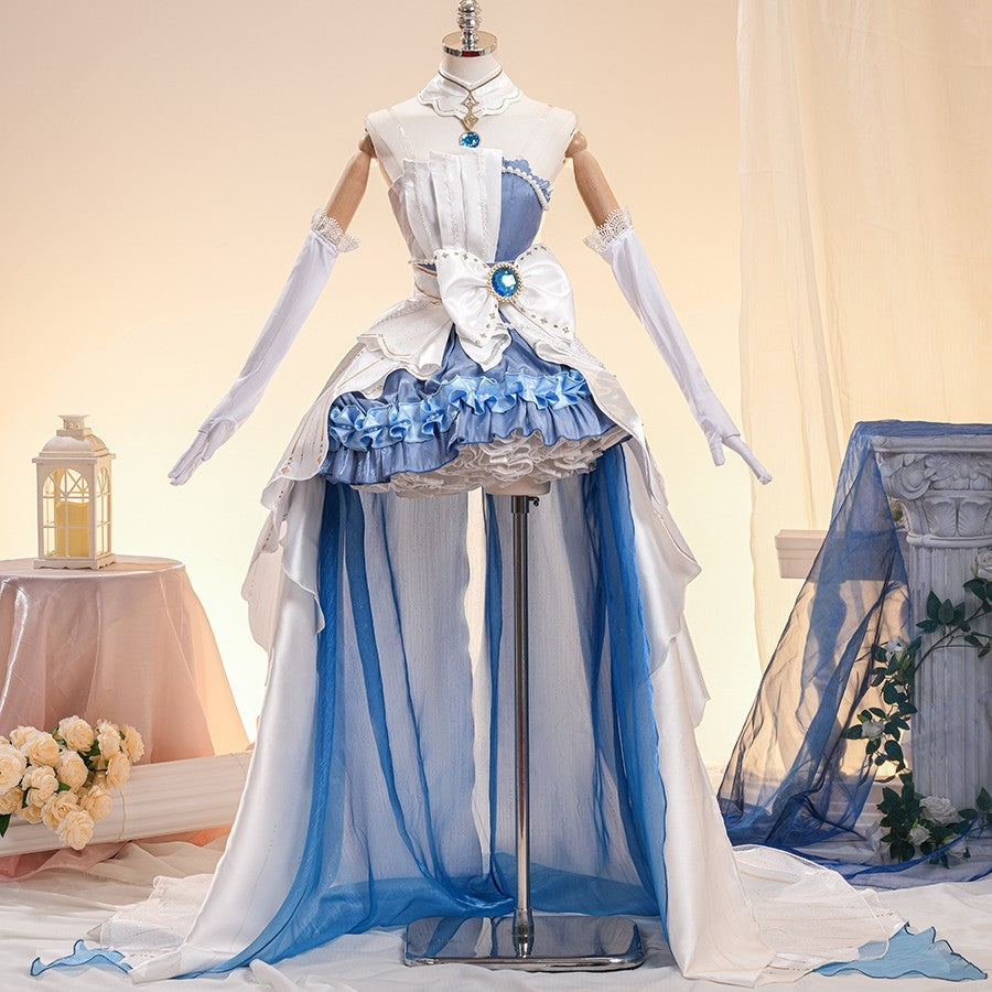 COSFUN Denia cosplay costume gathers glossy satin layers under a metallic waist bow and flows into a long sheer blue train.