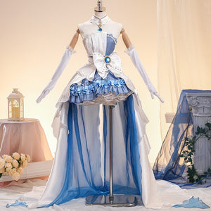 COSFUN Denia cosplay costume gathers glossy satin layers under a metallic waist bow and flows into a long sheer blue train.