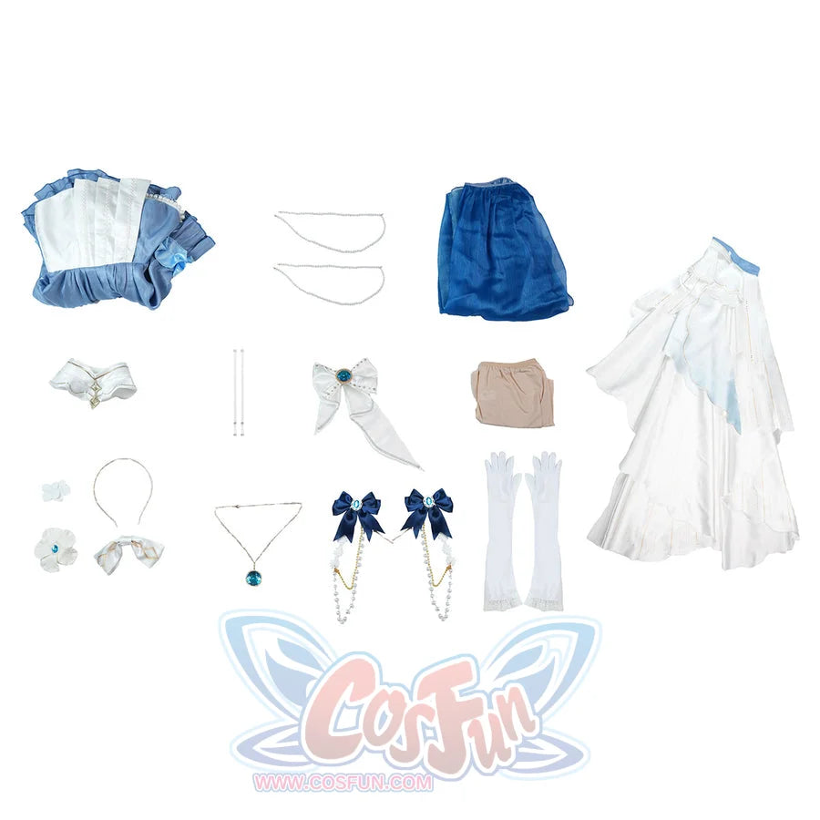 Denia cosplay costume centers full set of blue and white cosplay components including dress satin bows pearl-like.