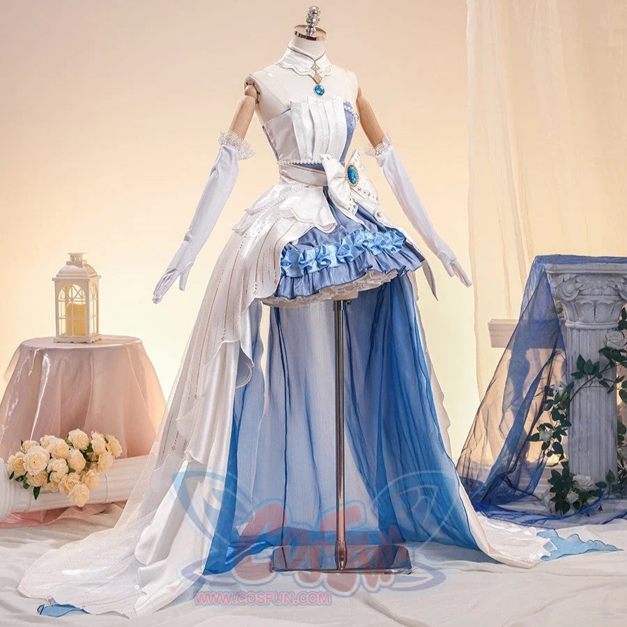 Denia cosplay costume layers glossy satin and metallic fabrics into a flowing blue and white dress with a decorative train.