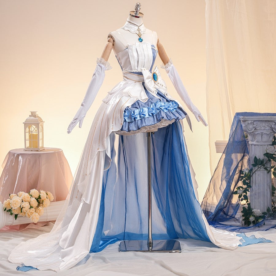 Denia cosplay costume layers glossy satin and metallic fabrics into a flowing blue and white dress with a decorative train.