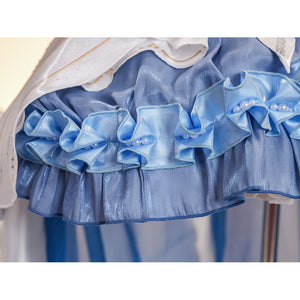 Denia cosplay costume centers blue glossy satin skirt ruffles with pearl-like accents-like accents accents.