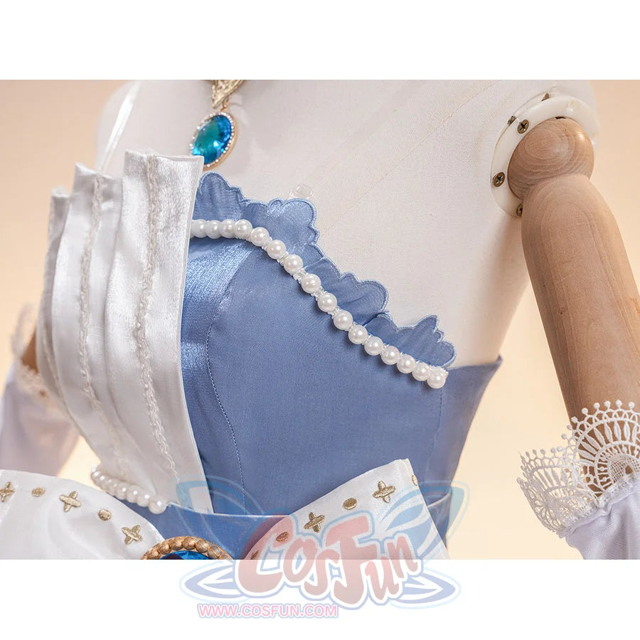 Denia cosplay costume centers Blue satin dress with white pleated panels pearl-like accents-like accents trim and gem-like.