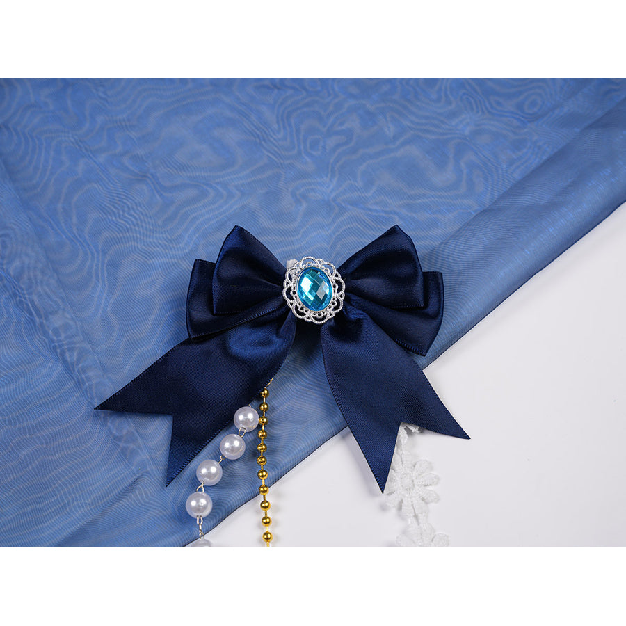 Denia cosplay costume centers dark blue satin bow with center blue gem-like accents-like accents and dangling pearl-like.