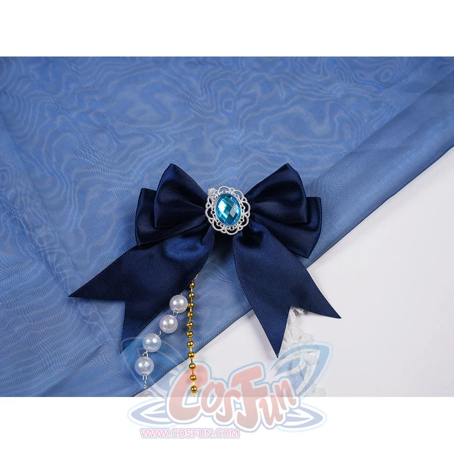 Denia cosplay costume centers dark blue satin bow with center blue gem-like accents-like accents and dangling pearl-like.