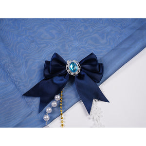 Denia cosplay costume centers dark blue satin bow with center blue gem-like accents-like accents and dangling pearl-like.