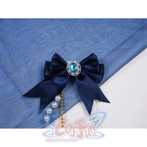 Denia cosplay costume centers dark blue satin bow with center blue gem-like accents-like accents and dangling pearl-like.
