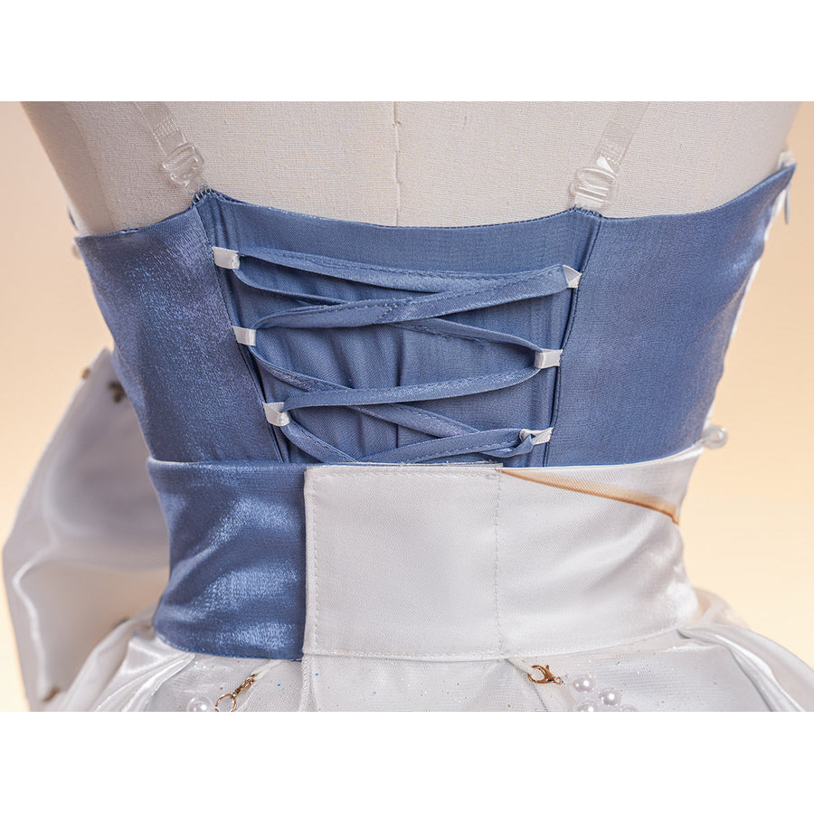 Denia cosplay costume laces the blue satin bodice tightly to form a secure fit for the shimmering layered dress ensemble.