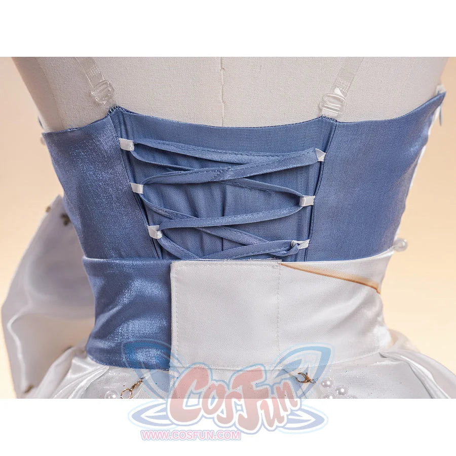 Denia cosplay costume laces the blue satin bodice tightly to form a secure fit for the shimmering layered dress ensemble.