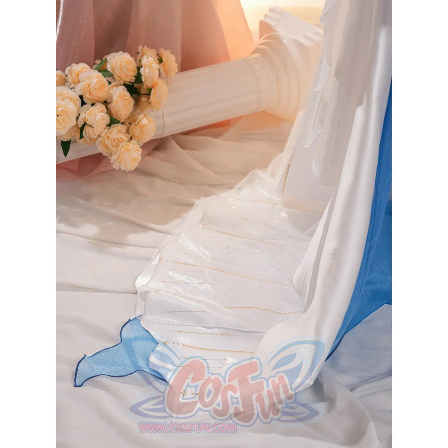 Denia cosplay costume layers shimmering glitter mesh over white glossy satin to form the long elegant back dress train.