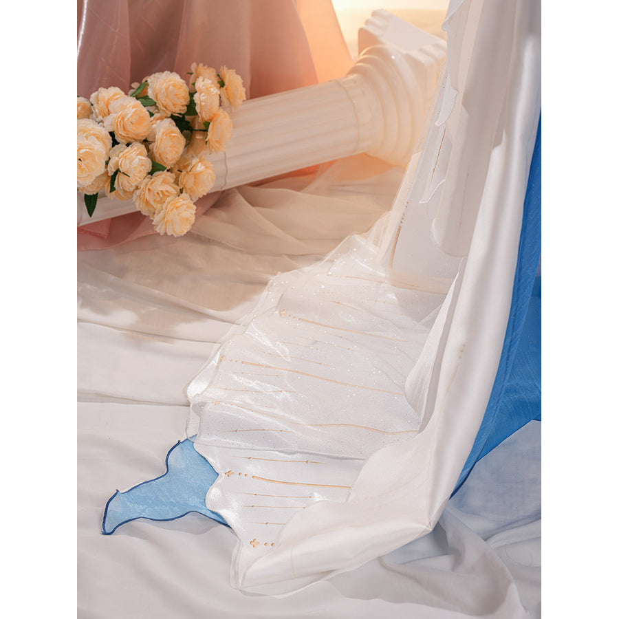 Denia cosplay costume layers shimmering glitter mesh over white glossy satin to form the long elegant back dress train.
