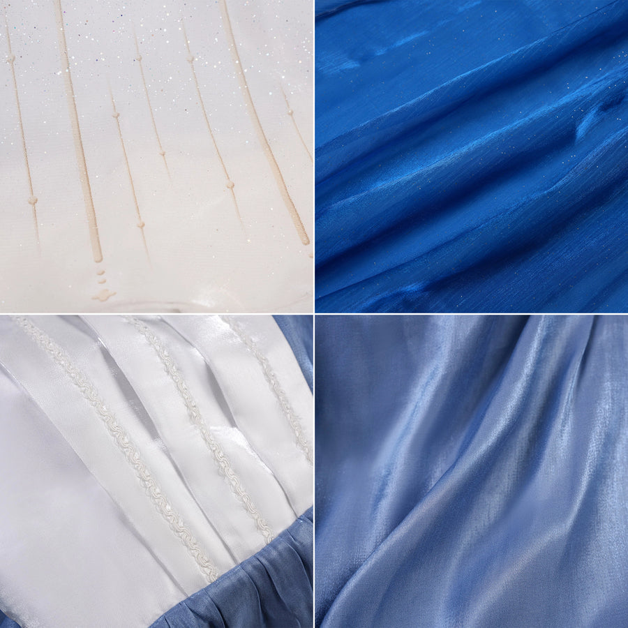 Denia cosplay costume layers glossy satin and glitter mesh fabrics while white braid trim frames the elegant blue dress.