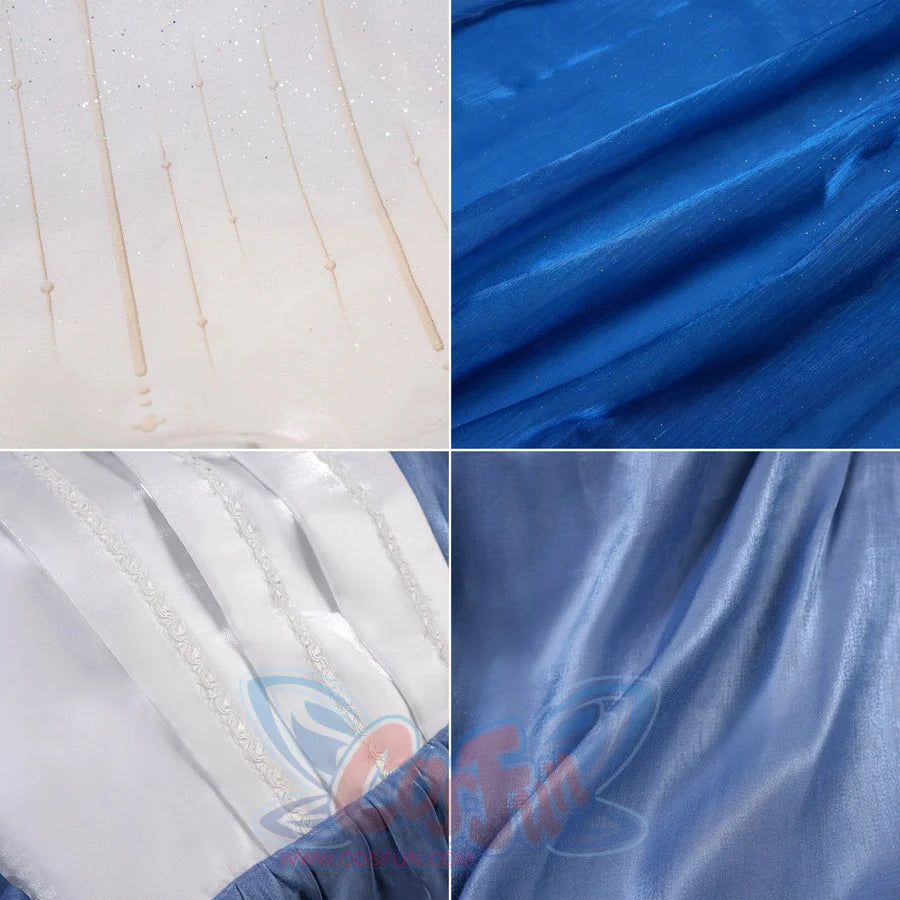 Denia cosplay costume layers glossy satin and glitter mesh fabrics while white braid trim frames the elegant blue dress.