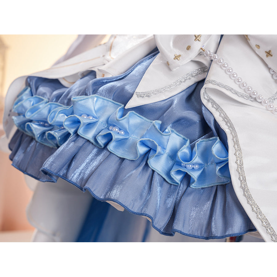 Denia cosplay costume centers blue satin ruffles with pearl-like accents-like accents and white dress fabric.