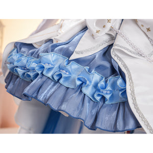 Denia cosplay costume centers blue satin ruffles with pearl-like accents-like accents and white dress fabric.