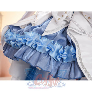Denia cosplay costume centers blue satin ruffles with pearl-like accents-like accents and white dress fabric.