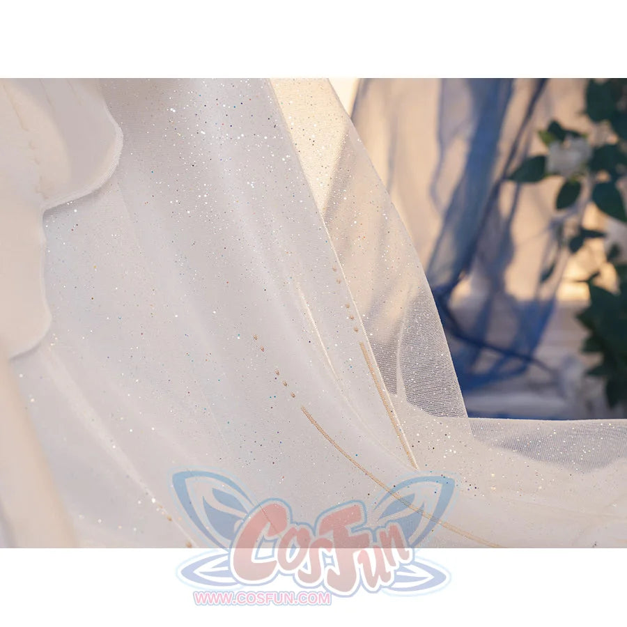 Denia cosplay costume layers delicate white glitter mesh fabric with subtle metallic gold-tone decorative stitching accents.