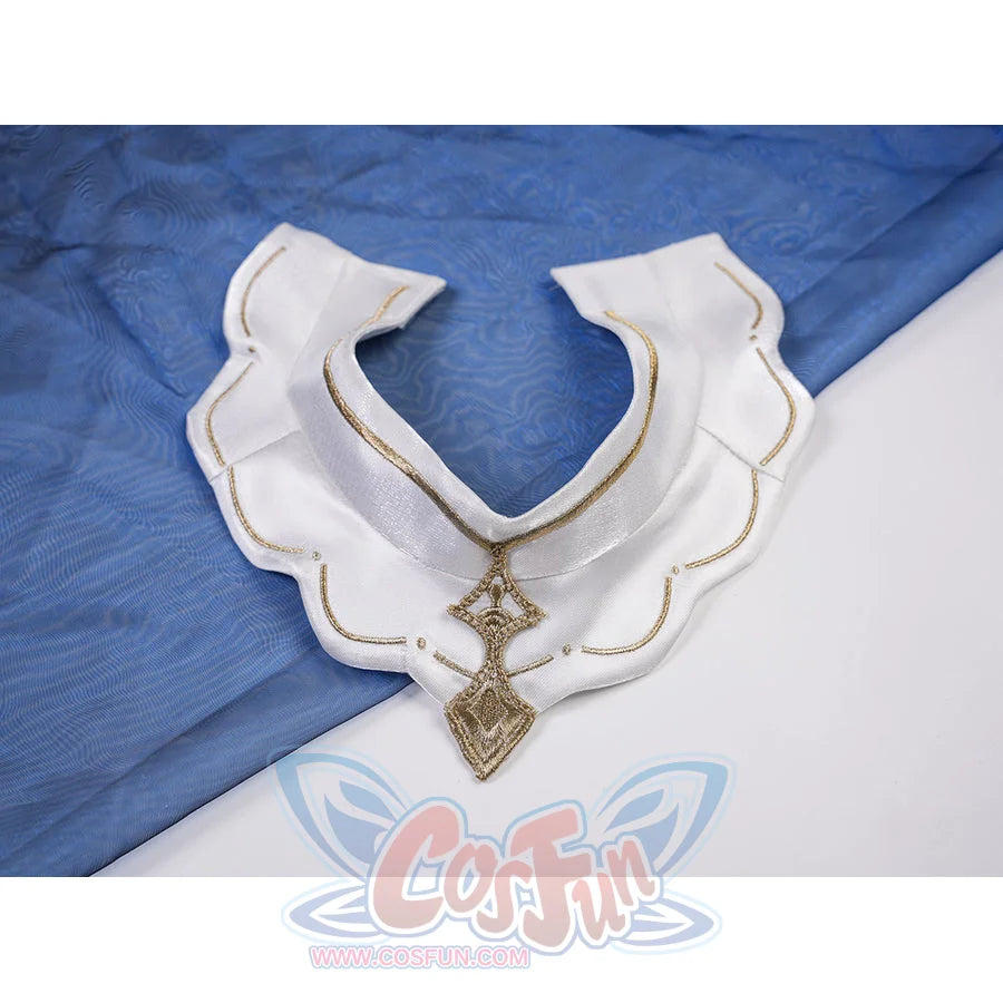 Denia cosplay costume centers white scalloped neck wrap with intricate gold-tone embroidery and trim.