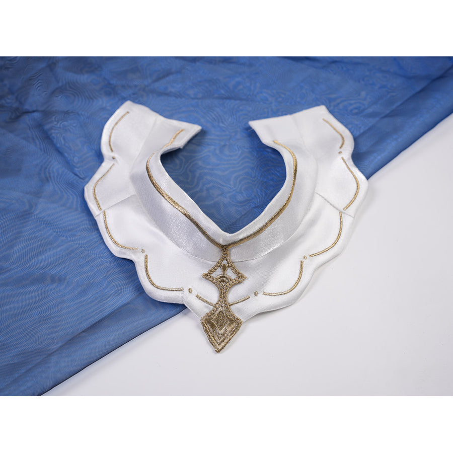 Denia cosplay costume centers white scalloped neck wrap with intricate gold-tone embroidery and trim.