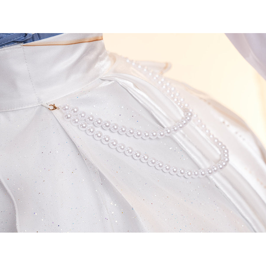 Denia cosplay costume centers white glossy satin skirt fabric with pearl-like accents-like accents waist chains.