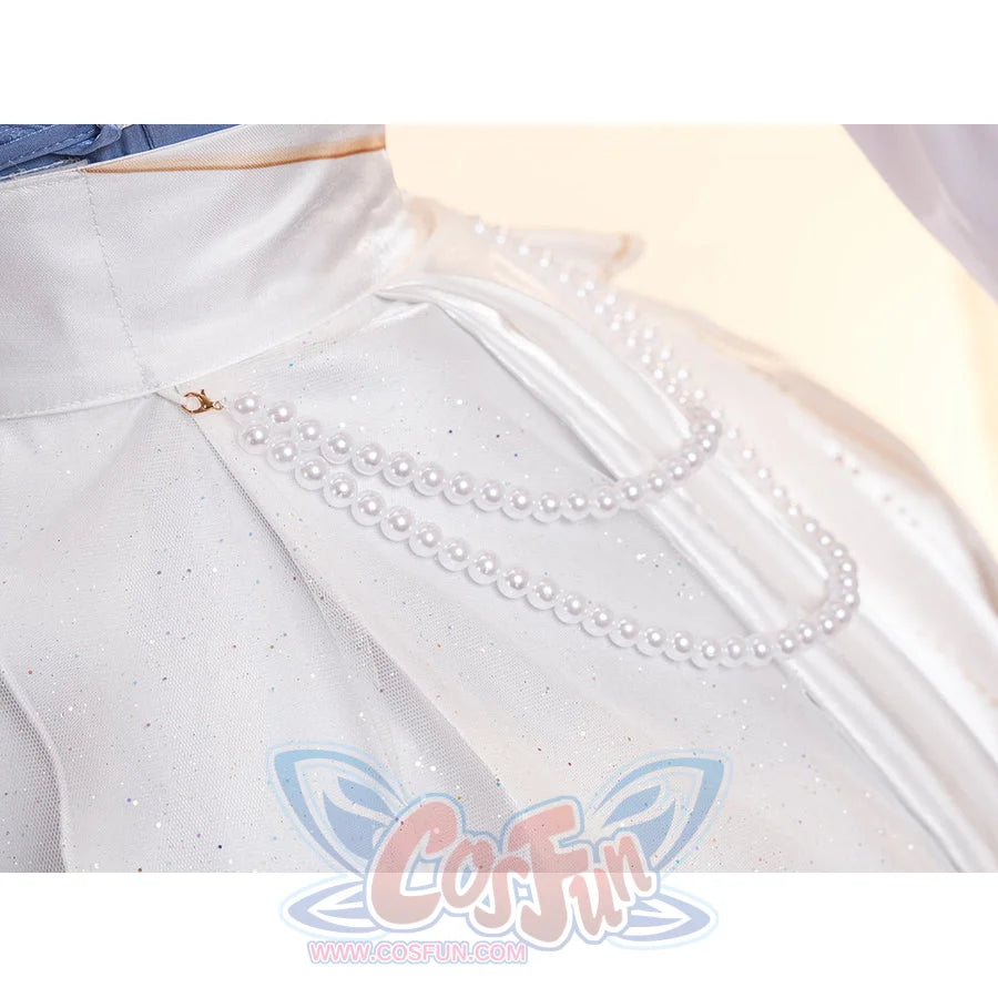 Denia cosplay costume centers white glossy satin skirt fabric with pearl-like accents-like accents waist chains.