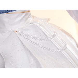 Denia cosplay costume centers white glossy satin skirt fabric with pearl-like accents-like accents waist chains.